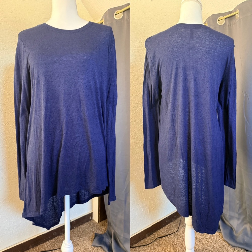 BCBGMAXAZRIA Shae High-Low Tunic Top Navy Blue Silk Blend Long Sleeve M - Picture 2 of 8